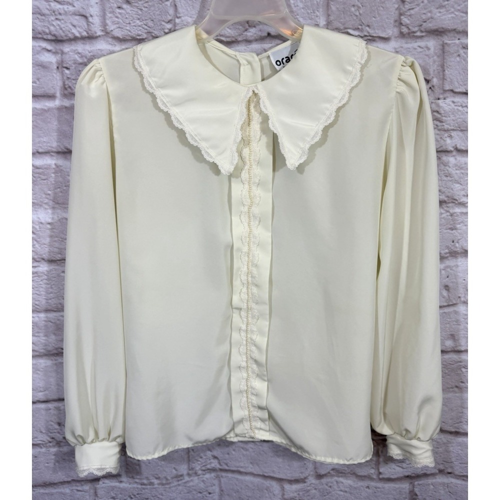Vintage Ivory Blouse Doll Collar Feminine Coquette Dainty Beaded Lace Buttons